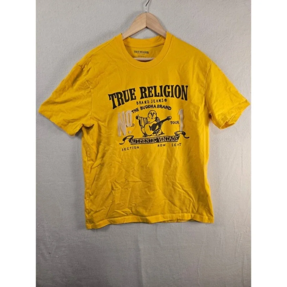 True Religion Brand Jeans Buddha Tour Graphic‎ Yellow Mens T-Shirt #1639